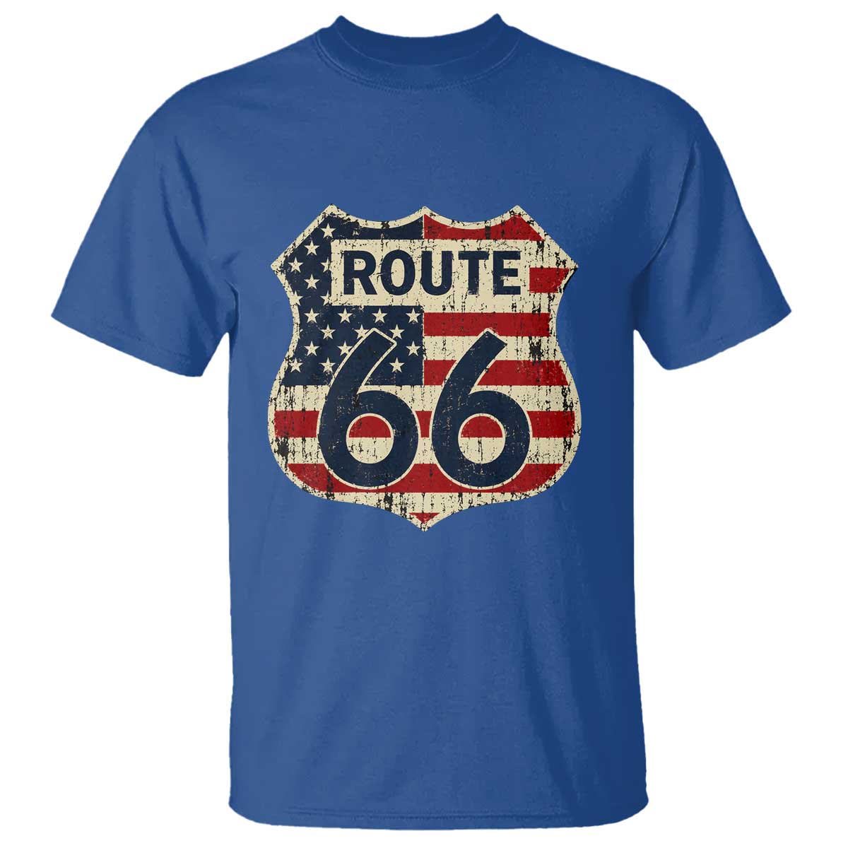 Route US 66 American Flag Americana Road Trip T Shirt TS14 Royal Blue Print Your Wear