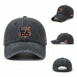 Route US 66 American Flag Americana Road Trip Washed Cotton Baseball Cap TS14 Washed Cap Universal Fit Dark Gray Print Your Wear