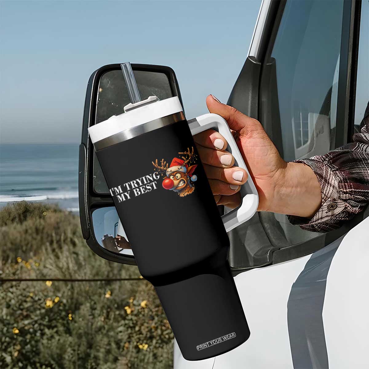 Funny Reindeer Christmas Meme Tumbler With Handle I Am Trying My Best TS14 Print Your Wear