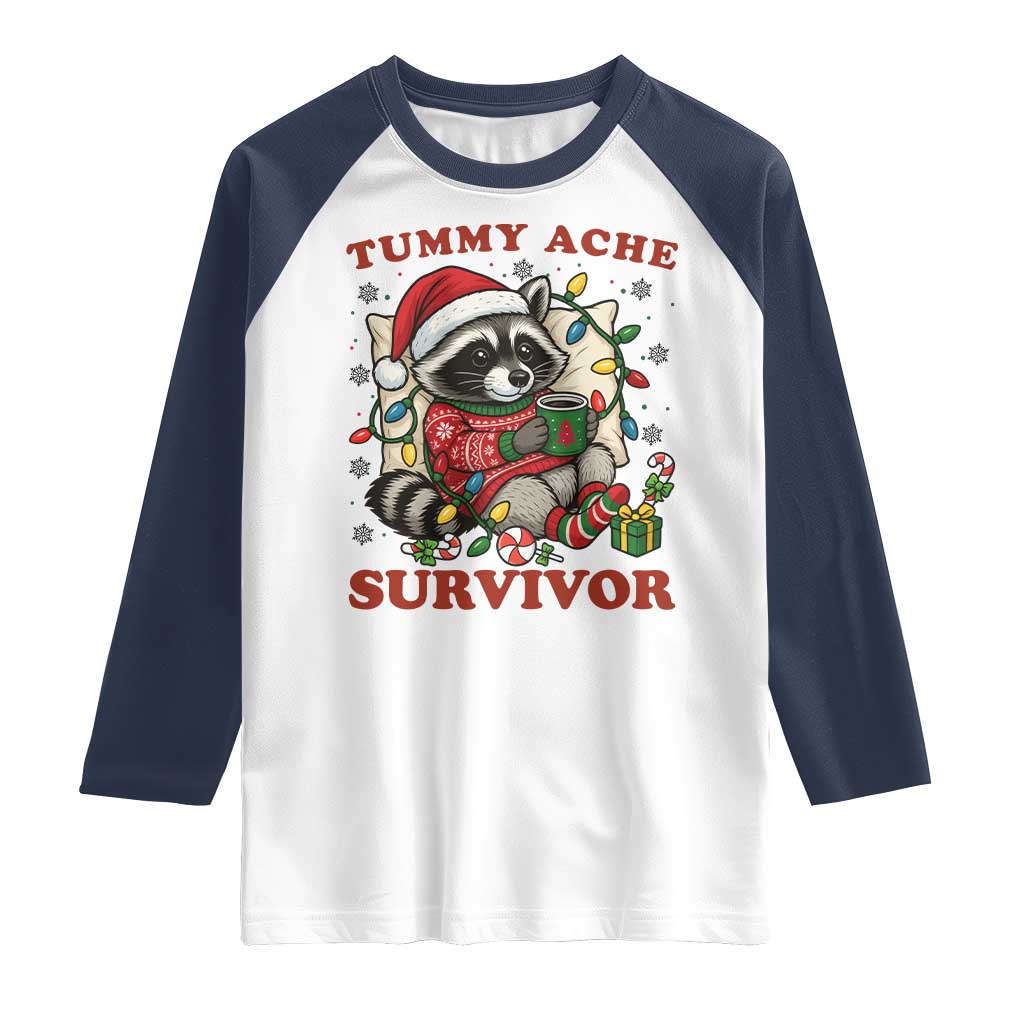 Funny Racoon Christmas Meme Raglan Shirt Tummy Ache Survivor TS14 White Navy Print Your Wear