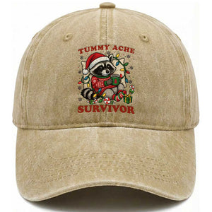 Funny Racoon Christmas Meme Washed Cotton Baseball Cap Tummy Ache Survivor TS14 Washed Cap Universal Fit Khaki Print Your Wear