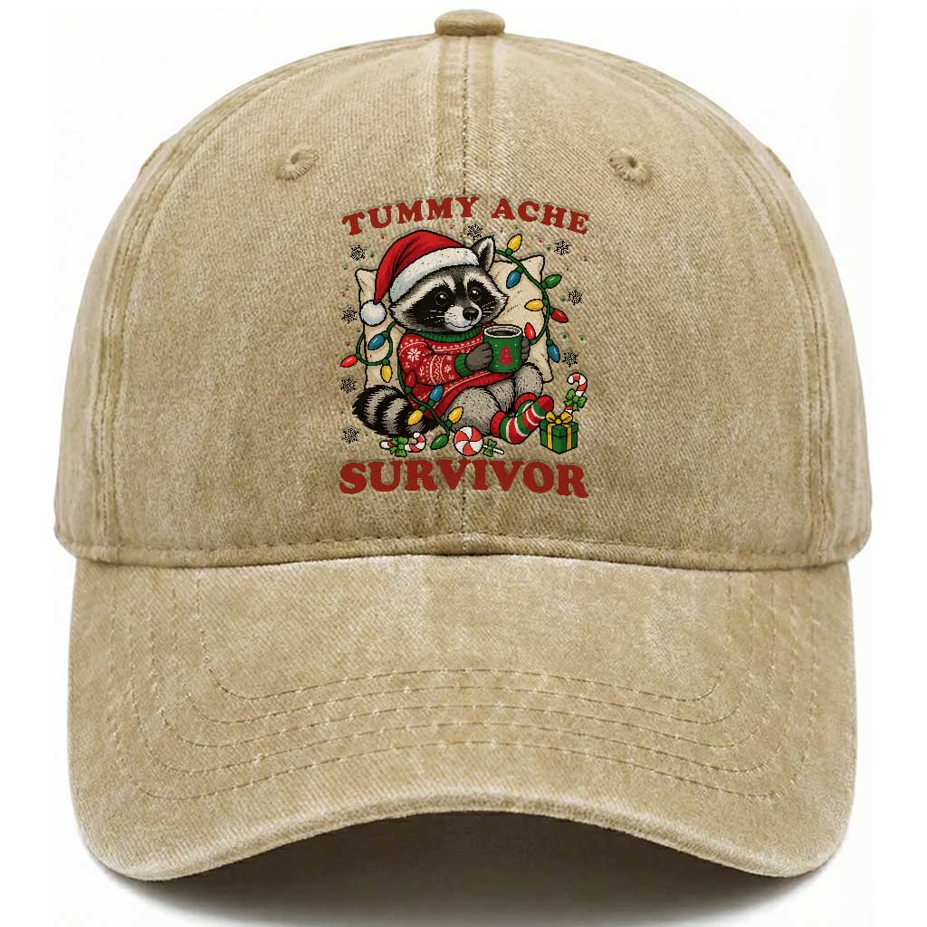 Funny Racoon Christmas Meme Washed Cotton Baseball Cap Tummy Ache Survivor TS14 Washed Cap Universal Fit Khaki Print Your Wear