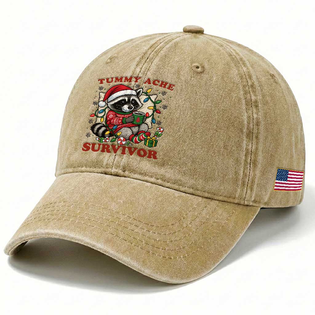 Funny Racoon Christmas Meme Washed Cotton Baseball Cap Tummy Ache Survivor TS14 Print Your Wear