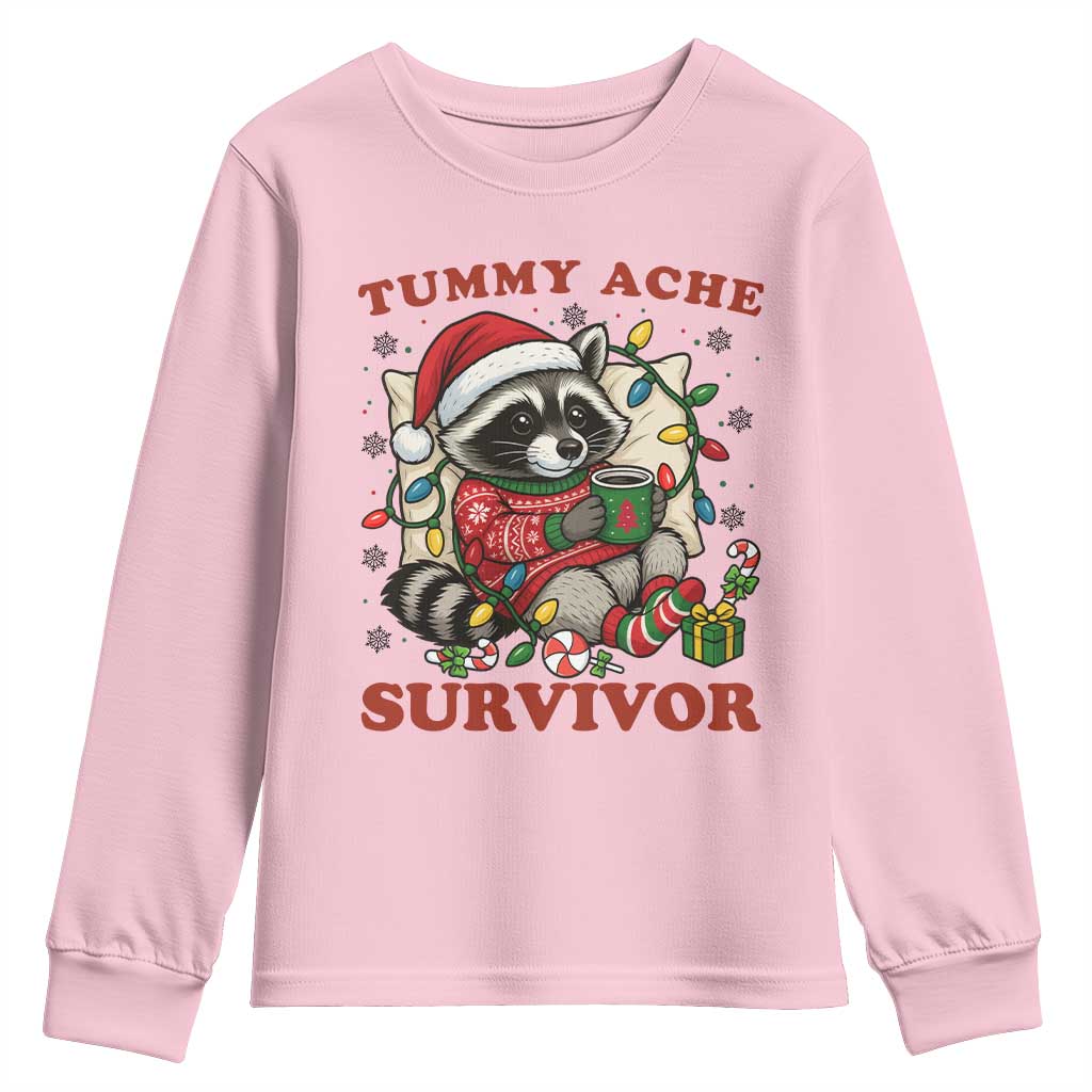 Funny Racoon Christmas Meme Youth Sweatshirt Tummy Ache Survivor TS14 Light Pink Print Your Wear