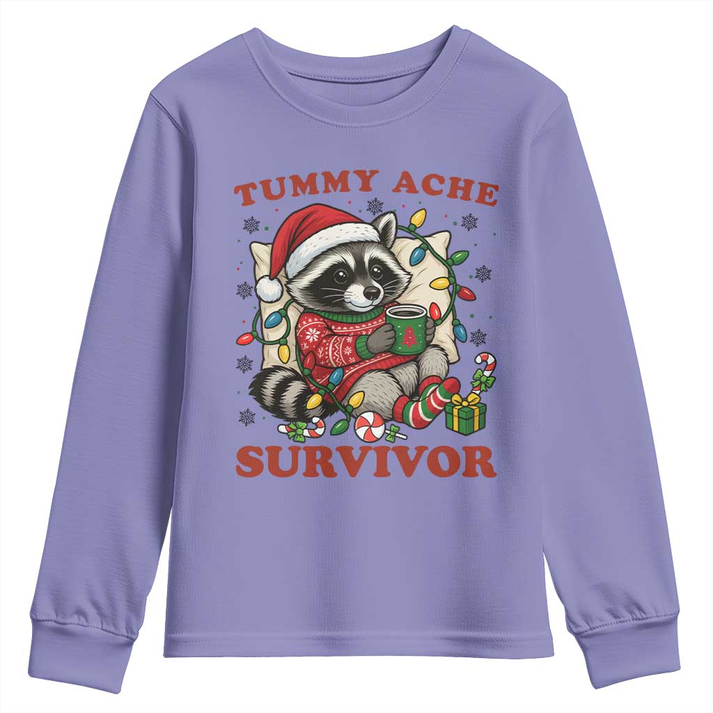 Funny Racoon Christmas Meme Youth Sweatshirt Tummy Ache Survivor TS14 Violet Print Your Wear