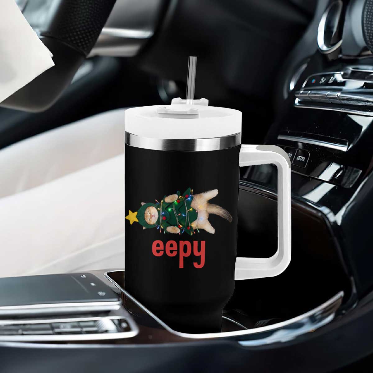 Cat Christmas Meme Tumbler With Handle Eepy Kitten Silly Sleepy TS14 Print Your Wear