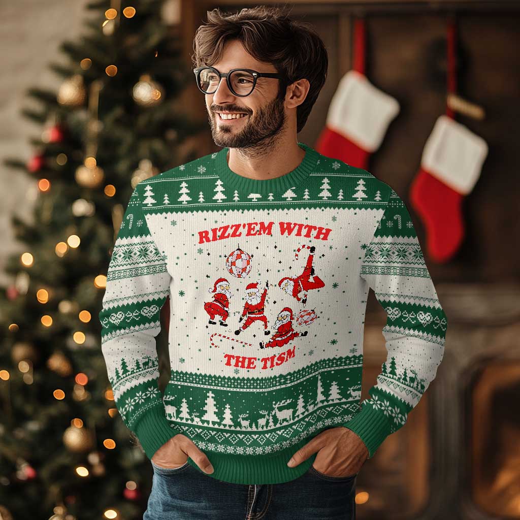 Funny Santa Xmas Ugly Christmas Sweater Rizz Em With The Tism TS14 Beige Green Print Your Wear