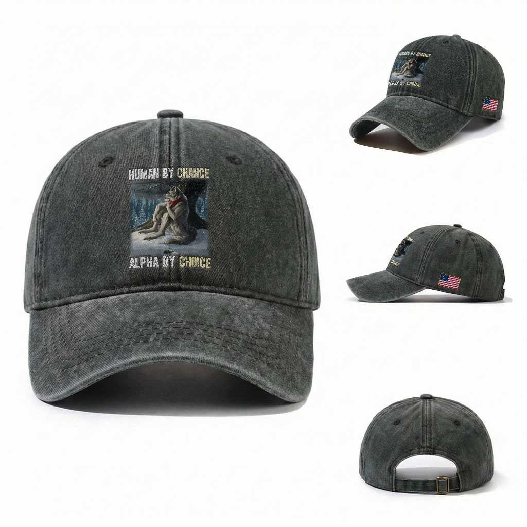 Funny Alpha Wolf Christmas Meme Washed Cotton Baseball Cap Human By Chance Alpha By Choice TS14 Washed Cap Universal Fit Dark Green Print Your Wear