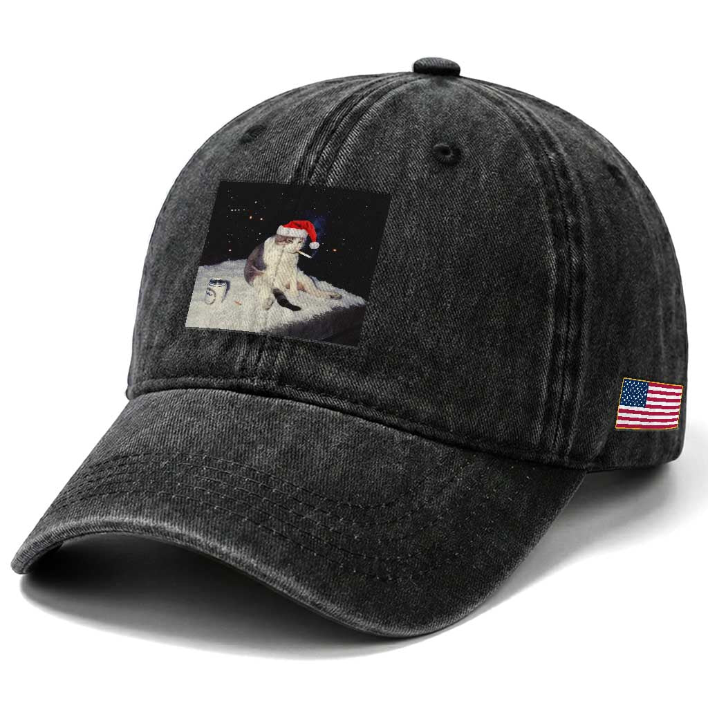 Funny Smoking Cat Christmas Meme Washed Cotton Baseball Cap TS14 Print Your Wear