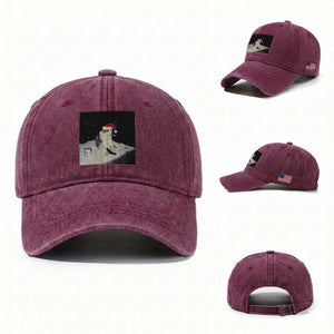 Funny Smoking Cat Christmas Meme Washed Cotton Baseball Cap TS14 Washed Cap Universal Fit Burgundy Print Your Wear