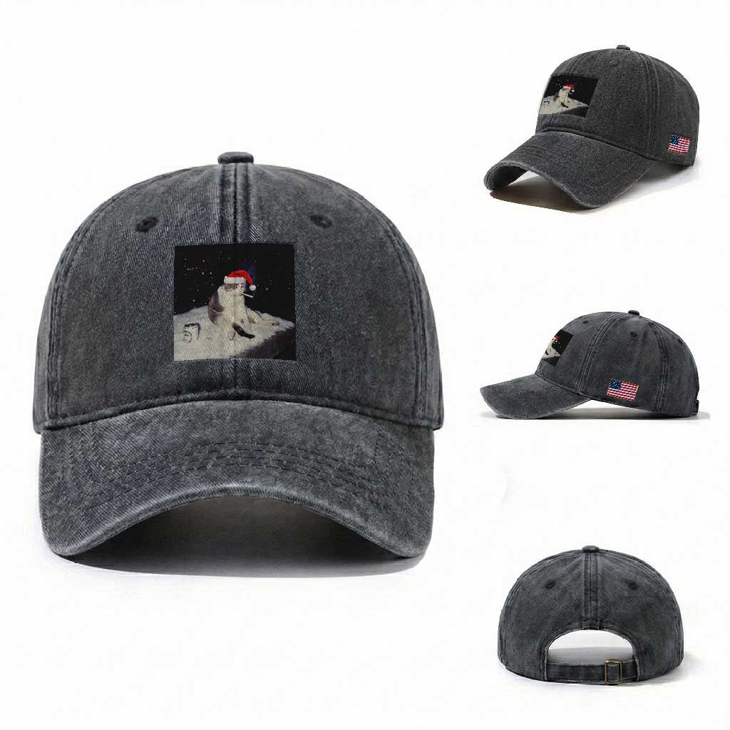 Funny Smoking Cat Christmas Meme Washed Cotton Baseball Cap TS14 Washed Cap Universal Fit Dark Gray Print Your Wear