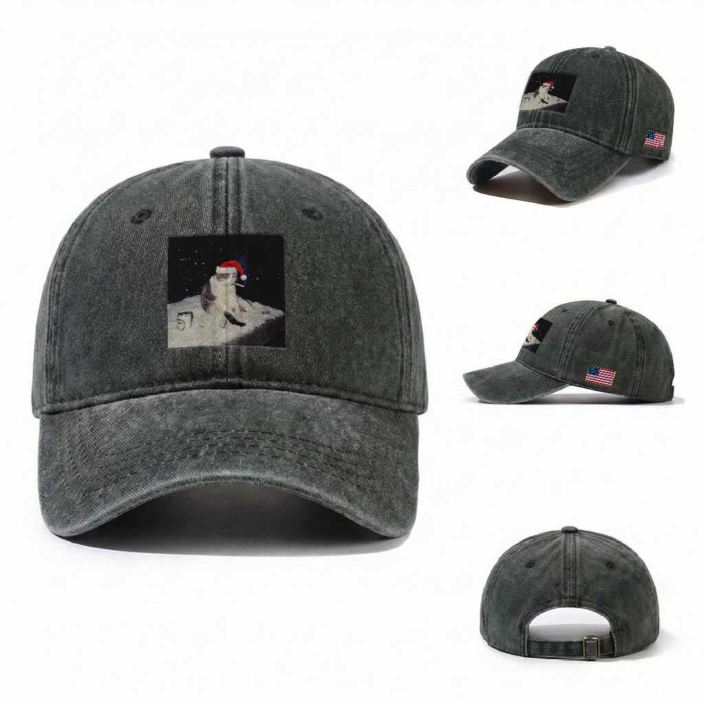 Funny Smoking Cat Christmas Meme Washed Cotton Baseball Cap TS14 Washed Cap Universal Fit Dark Green Print Your Wear