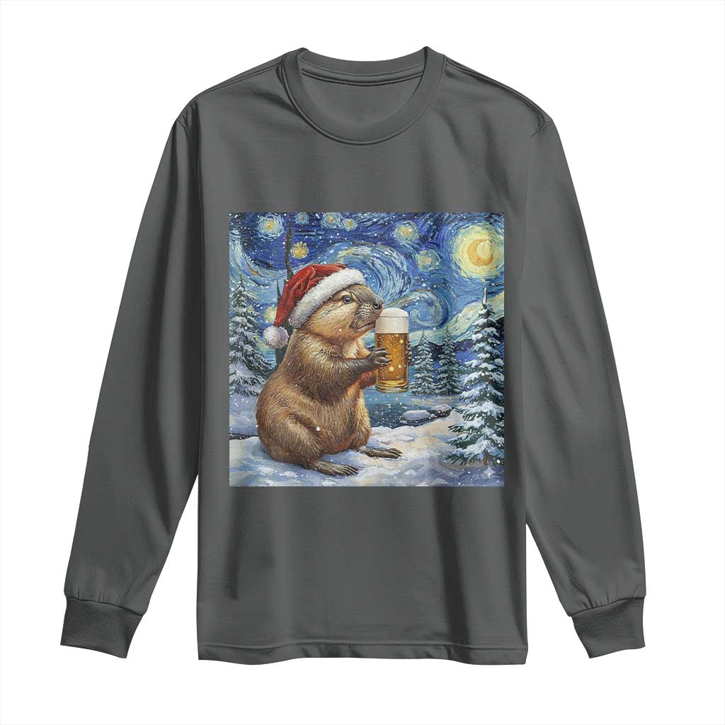 Otter Beer Christmas Long Sleeve Shirt Starry Night Van Gogh TS14 Dark Heather Print Your Wear