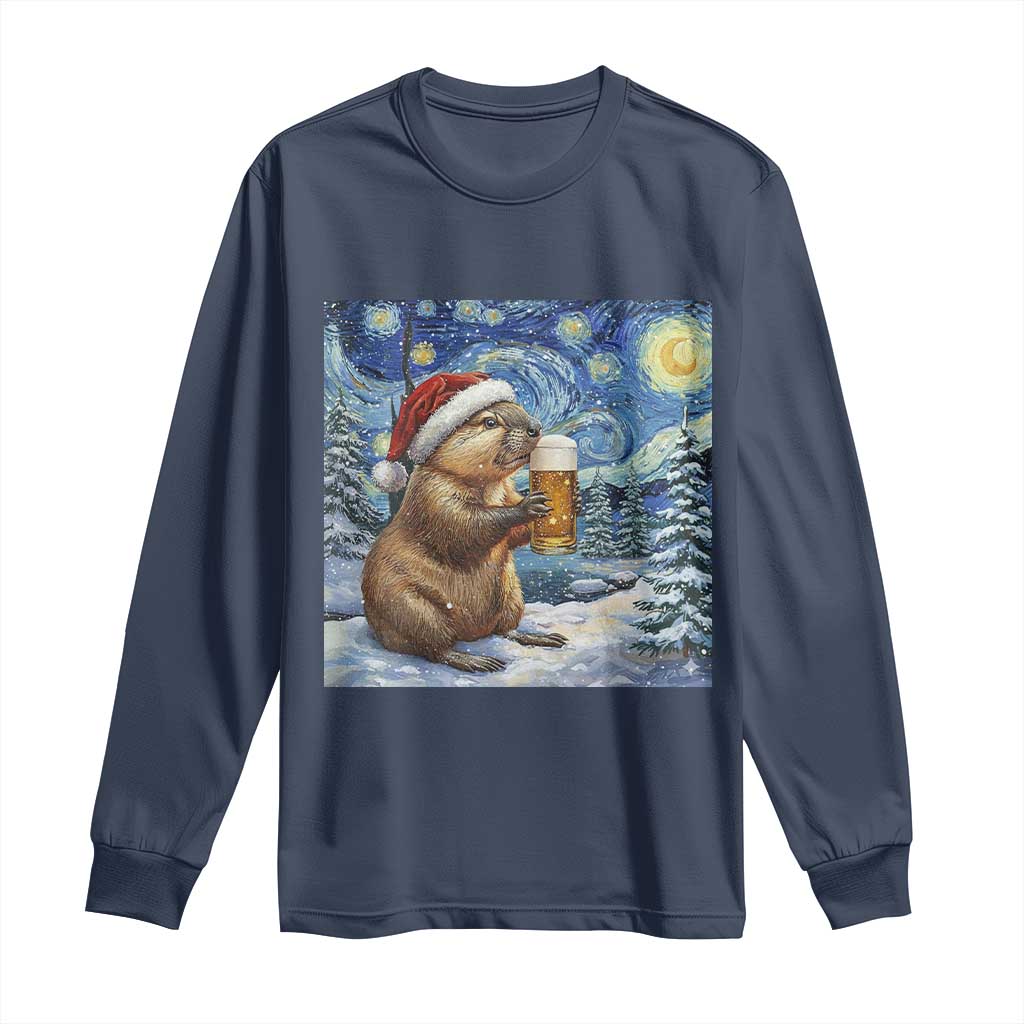 Otter Beer Christmas Long Sleeve Shirt Starry Night Van Gogh TS14 Navy Print Your Wear