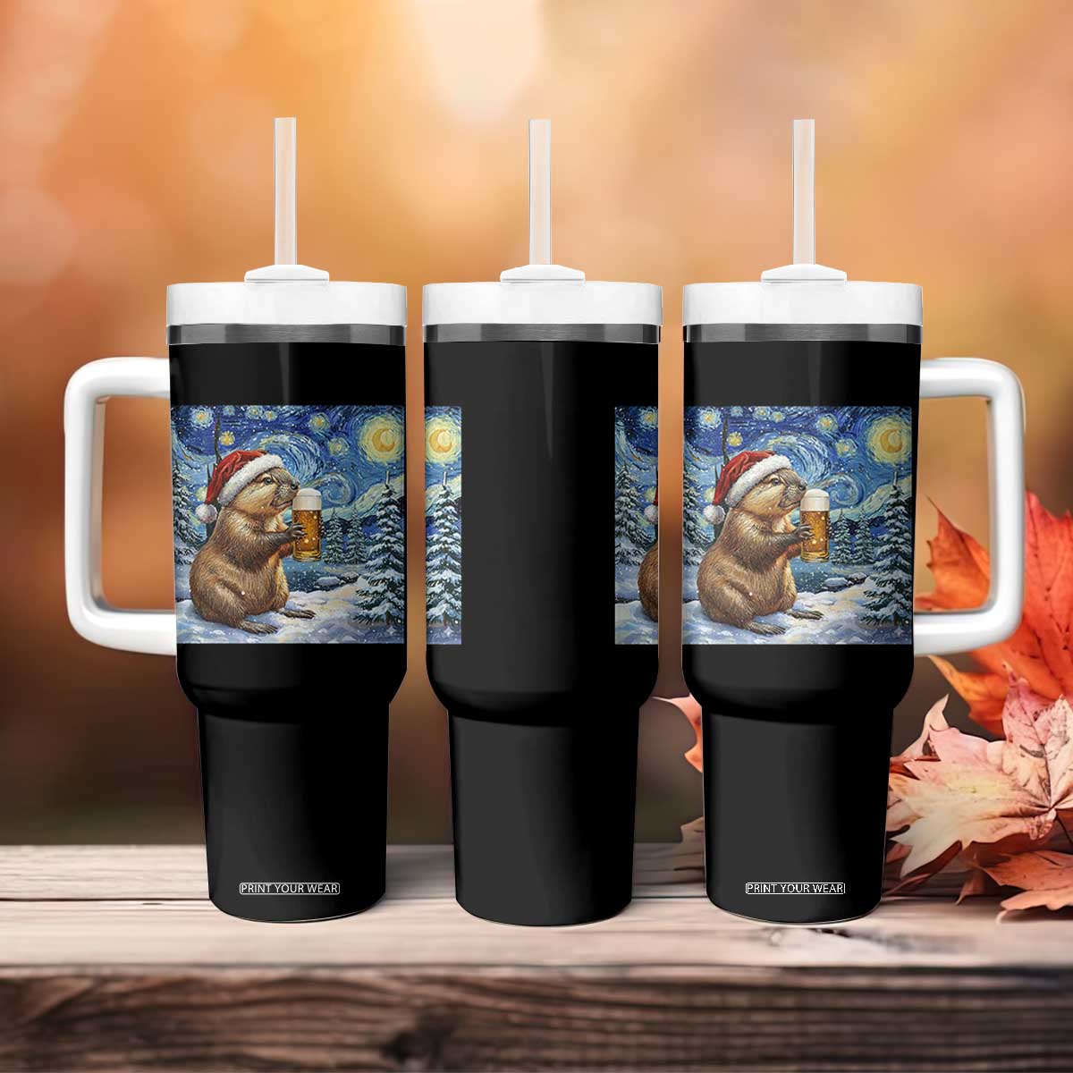Otter Beer Christmas Tumbler With Handle Starry Night Van Gogh TS14 Print Your Wear