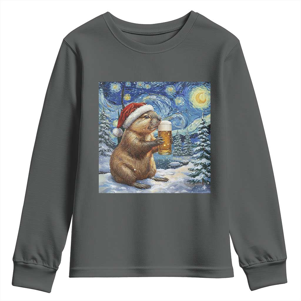 Otter Beer Christmas Youth Sweatshirt Starry Night Van Gogh TS14 Dark Heather Print Your Wear