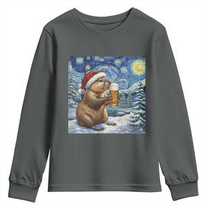 Otter Beer Christmas Youth Sweatshirt Starry Night Van Gogh TS14 Dark Heather Print Your Wear