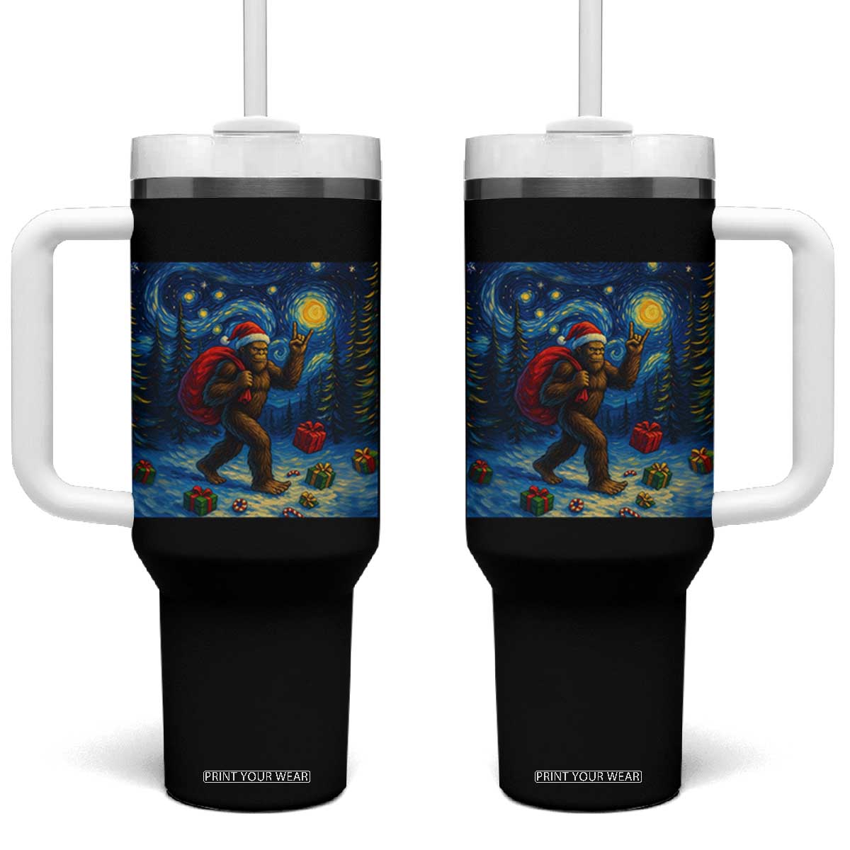 Bigfoot Christmas Tumbler With Handle Starry Night Van Gogh TS14 One Size: 40 oz Black Print Your Wear
