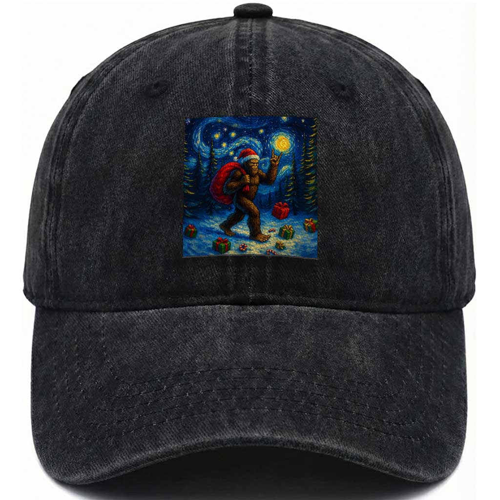 Bigfoot Christmas Washed Cotton Baseball Cap Starry Night Van Gogh TS14 Washed Cap Universal Fit Black Print Your Wear