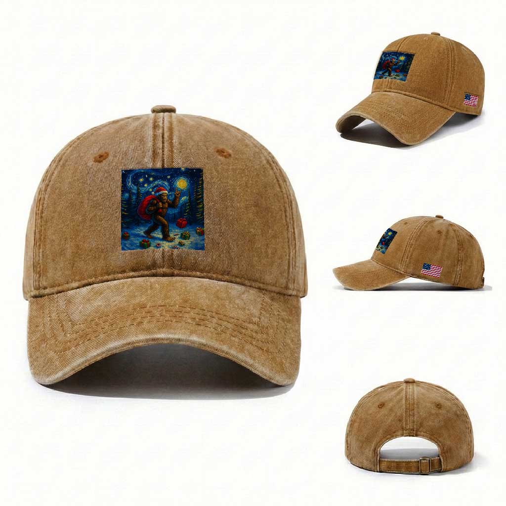 Bigfoot Christmas Washed Cotton Baseball Cap Starry Night Van Gogh TS14 Washed Cap Universal Fit Yellow Ochre Print Your Wear