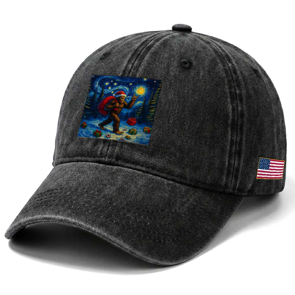 Bigfoot Christmas Washed Cotton Baseball Cap Starry Night Van Gogh TS14 Print Your Wear