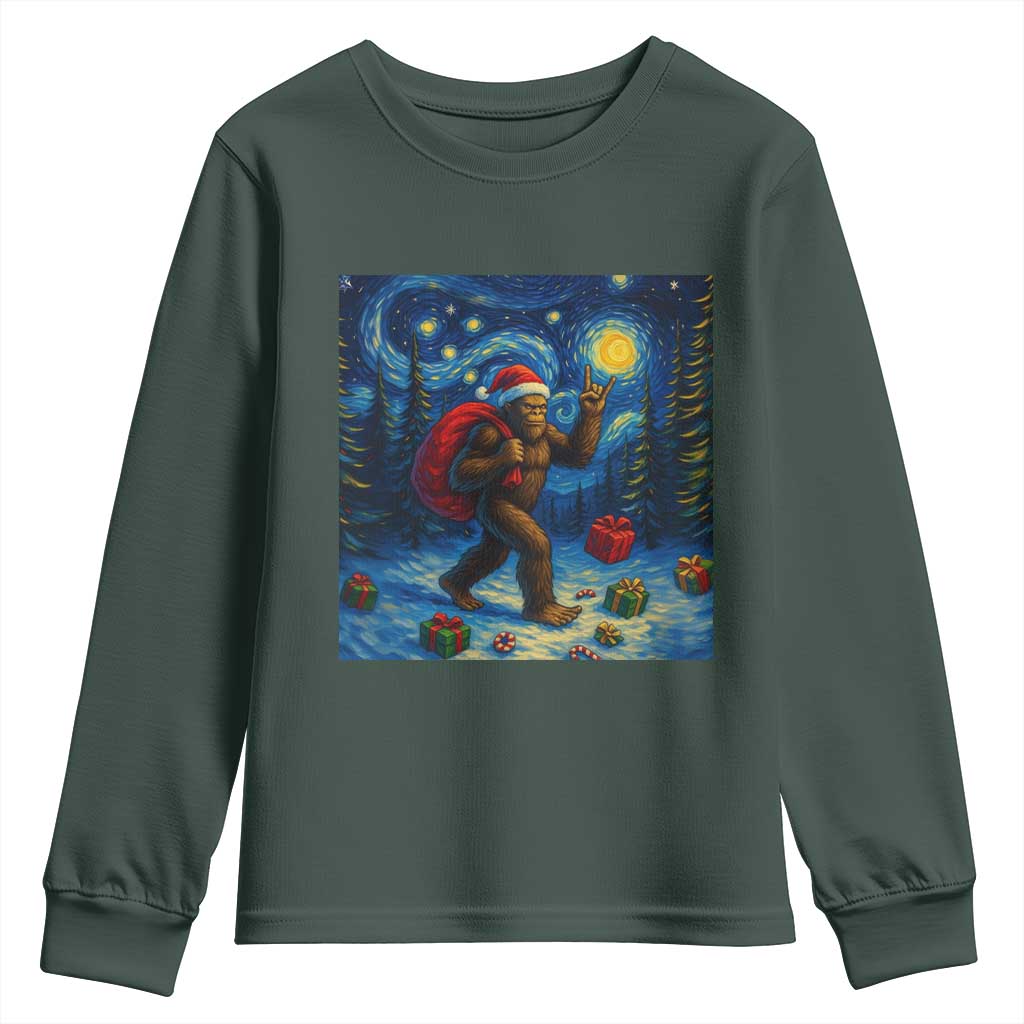 Bigfoot Christmas Youth Sweatshirt Starry Night Van Gogh TS14 Dark Forest Green Print Your Wear