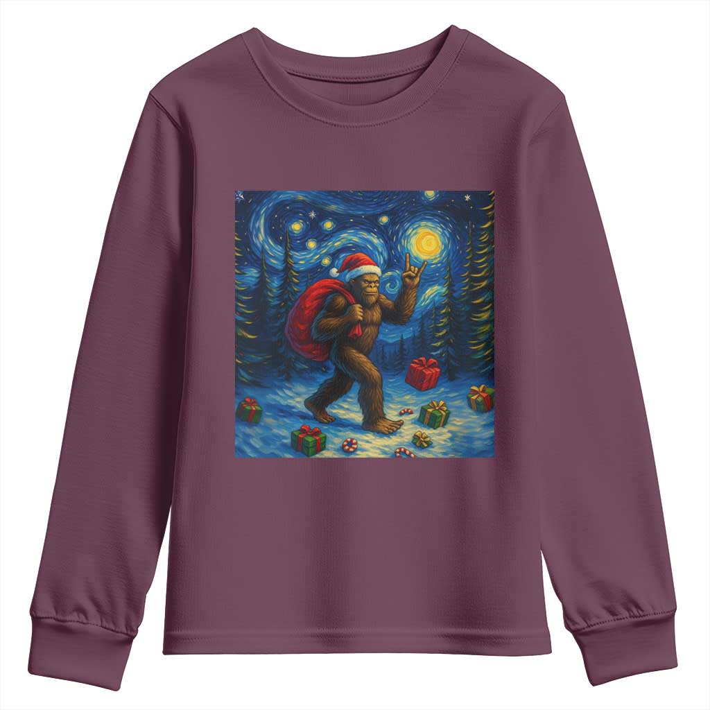 Bigfoot Christmas Youth Sweatshirt Starry Night Van Gogh TS14 Maroon Print Your Wear