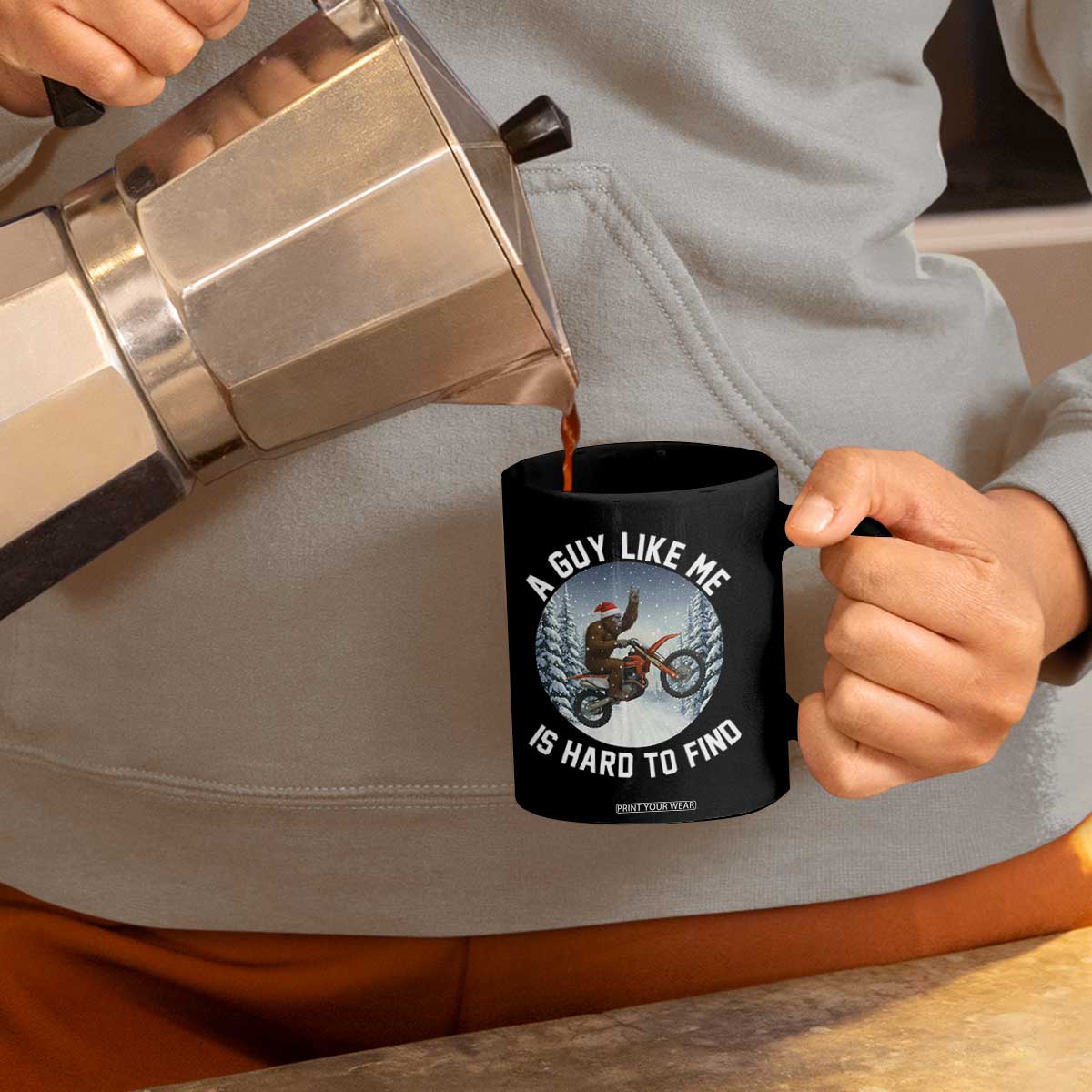 Funny Bigfoot Motorcycle Christmas Coffee Mug Sasquatch Rock On Hand Xmas TS14 Print Your Wear