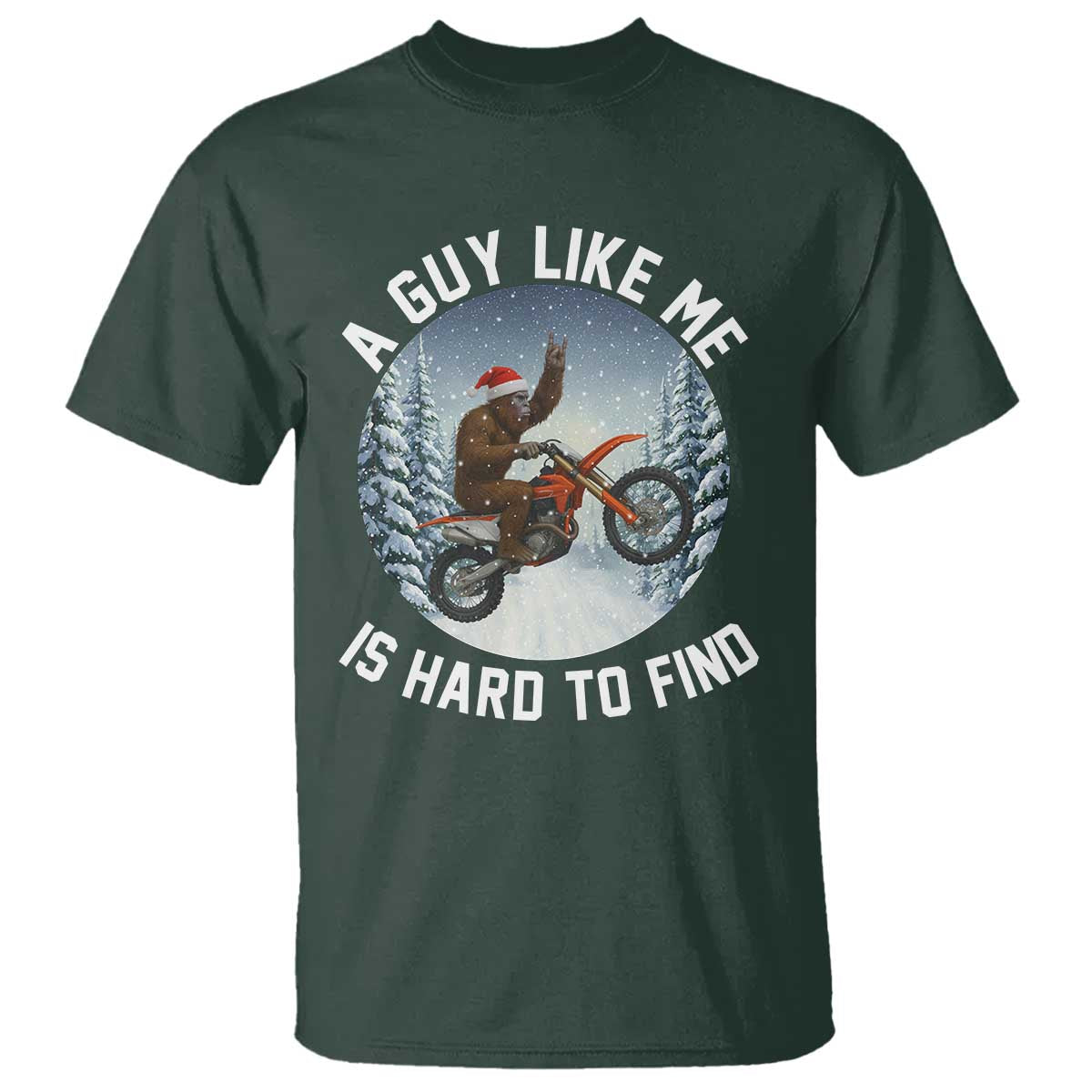 Funny Bigfoot Motorcycle Christmas T Shirt Sasquatch Rock On Hand Xmas TS14 Dark Forest Green Print Your Wear