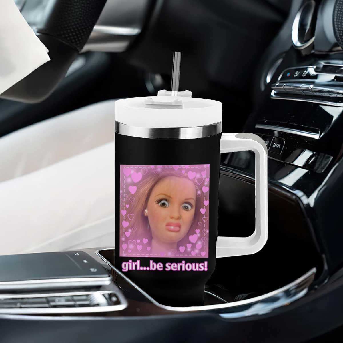 Funny Doll Face Meme Tumbler With Handle Girl Be Serious TS14 Print Your Wear