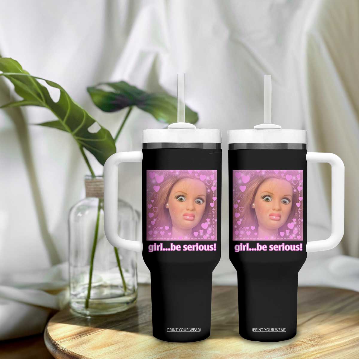 Funny Doll Face Meme Tumbler With Handle Girl Be Serious TS14 Print Your Wear