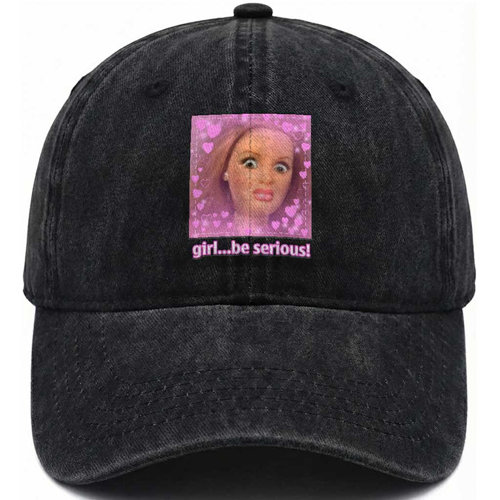 Funny Doll Face Meme Washed Cotton Baseball Cap Girl Be Serious TS14 Washed Cap Universal Fit Black Print Your Wear