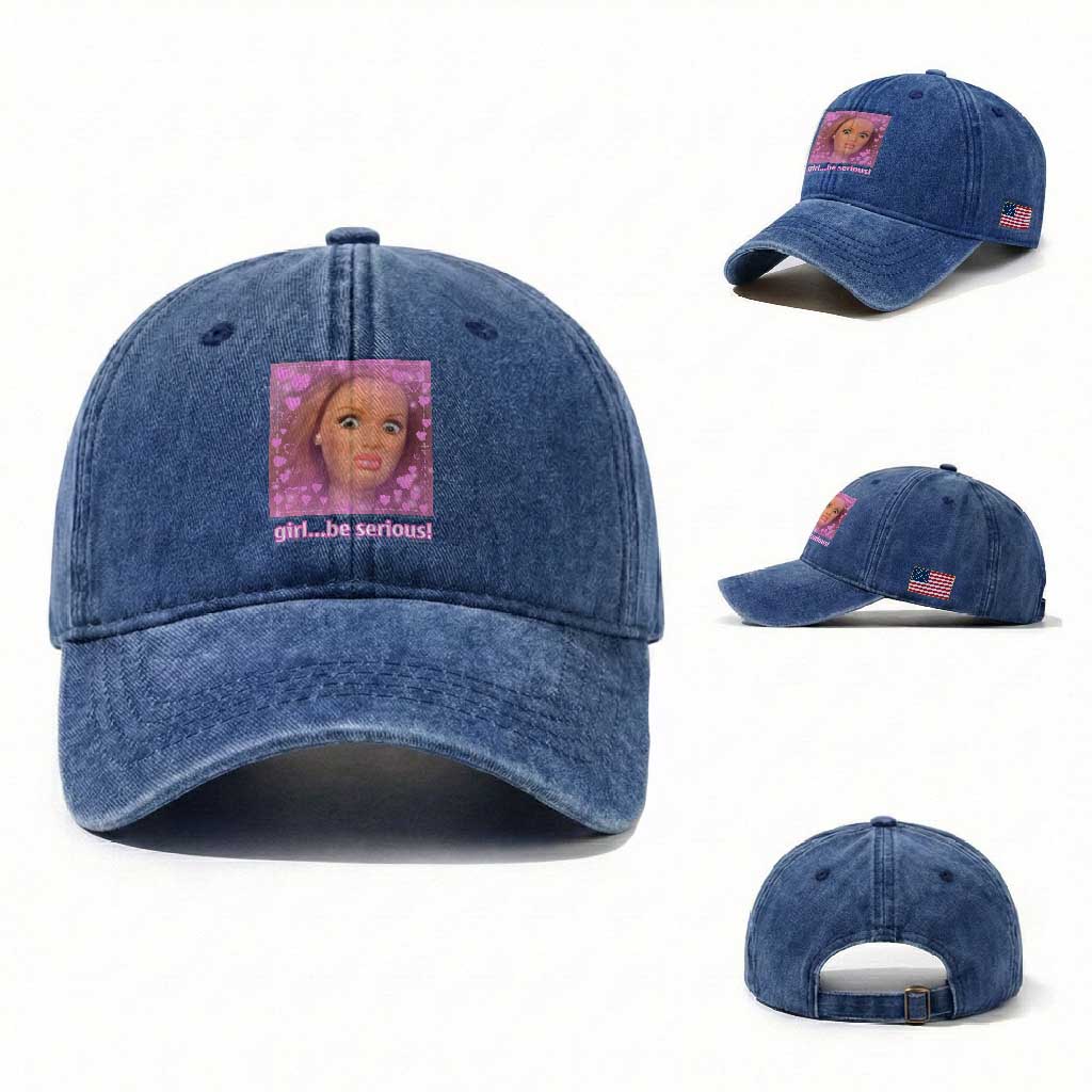 Funny Doll Face Meme Washed Cotton Baseball Cap Girl Be Serious TS14 Washed Cap Universal Fit Royal Blue Print Your Wear