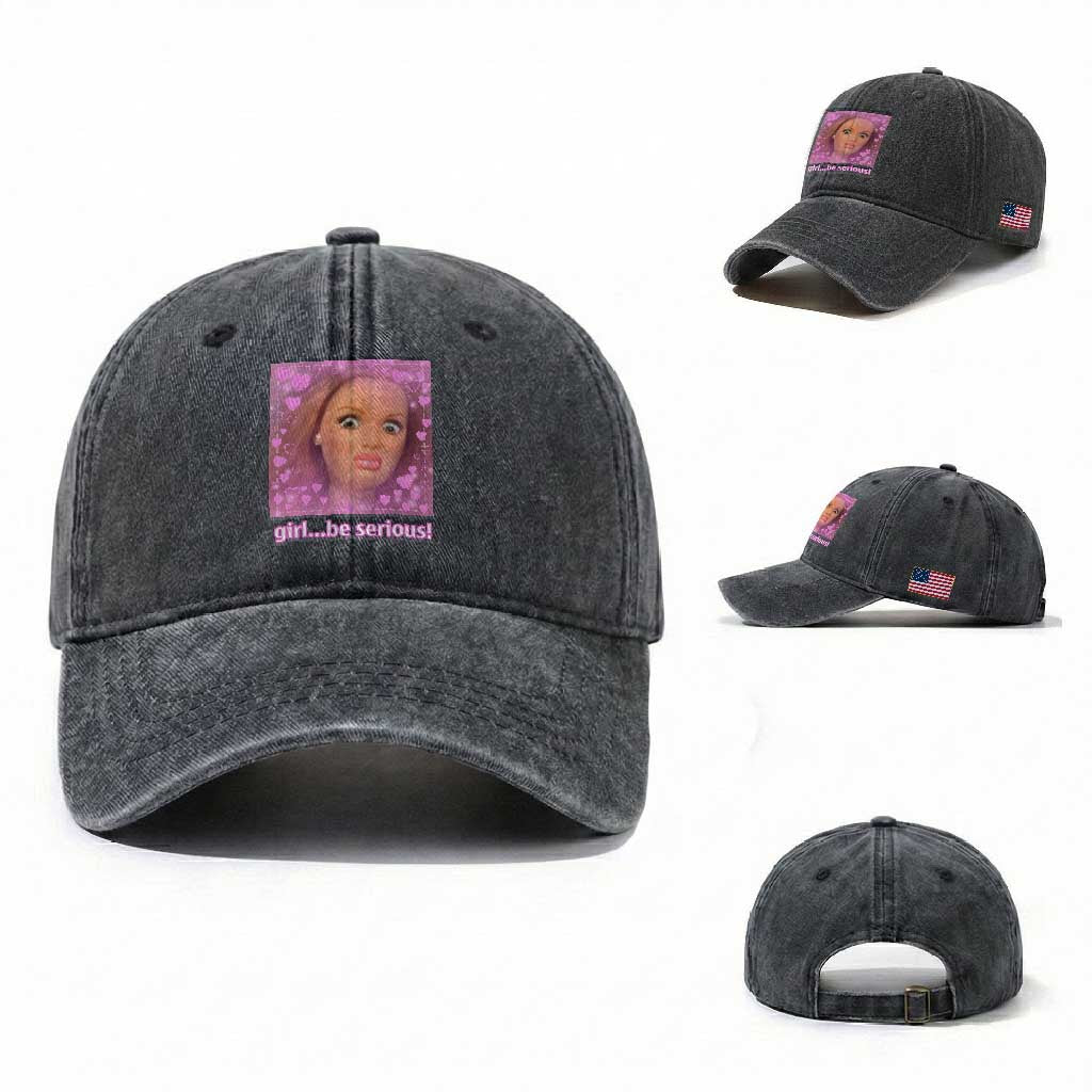 Funny Doll Face Meme Washed Cotton Baseball Cap Girl Be Serious TS14 Washed Cap Universal Fit Dark Gray Print Your Wear