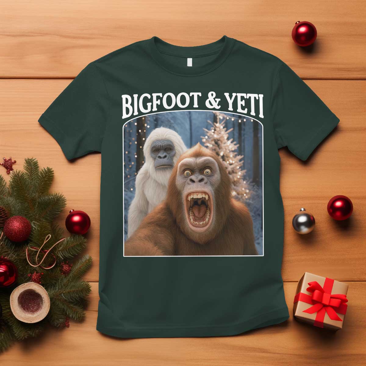 Funny Bigfoot Selfie T Shirt Sasquatch Yeti Christmas TS14 Dark Forest Green Print Your Wear