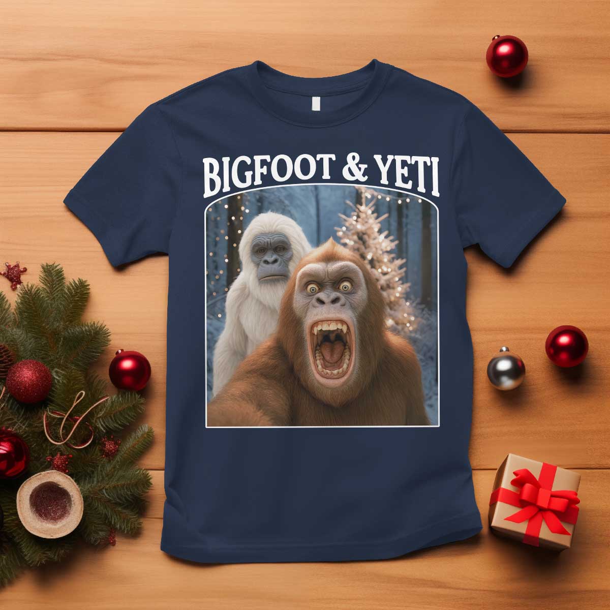 Funny Bigfoot Selfie T Shirt Sasquatch Yeti Christmas TS14 Navy Print Your Wear