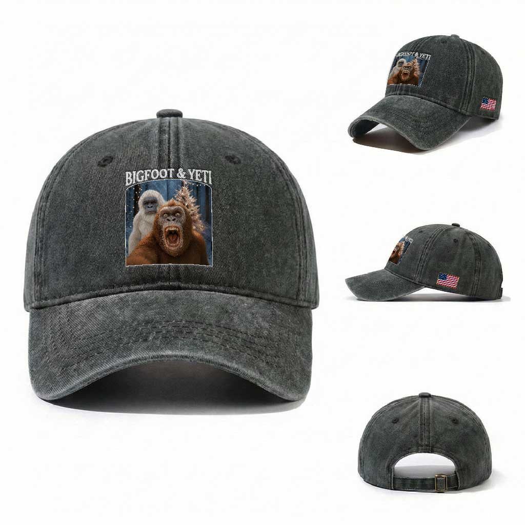 Funny Bigfoot Selfie Washed Cotton Baseball Cap Sasquatch Yeti Christmas TS14 Washed Cap Universal Fit Dark Green Print Your Wear