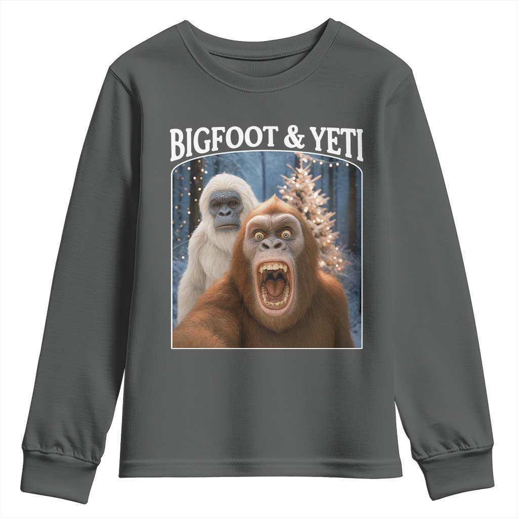 Funny Bigfoot Selfie Youth Sweatshirt Sasquatch Yeti Christmas TS14 Dark Heather Print Your Wear