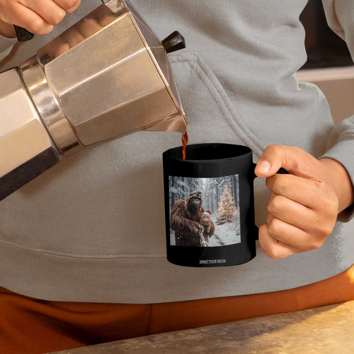 Funny Bigfoot With Cat Selfie Christmas Coffee Mug TS14 Print Your Wear