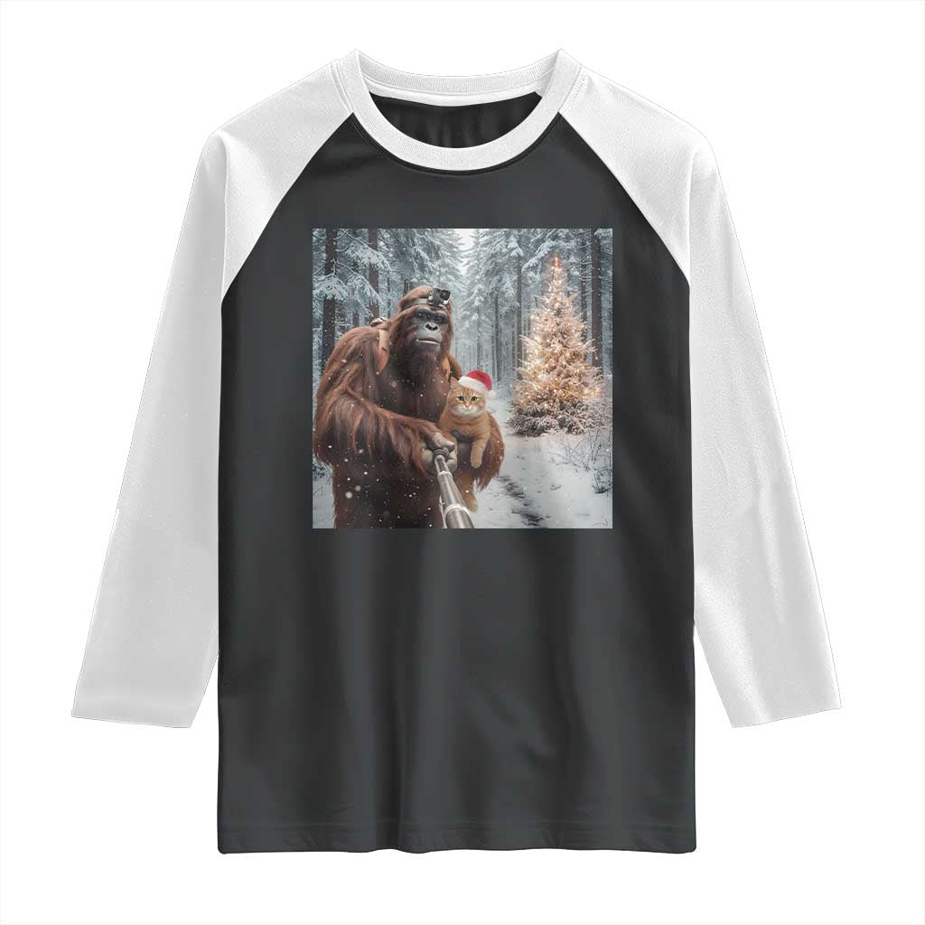 Funny Bigfoot With Cat Selfie Christmas Raglan Shirt TS14 Black White Print Your Wear