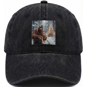 Funny Bigfoot With Cat Selfie Christmas Washed Cotton Baseball Cap TS14 Washed Cap Universal Fit Black Print Your Wear