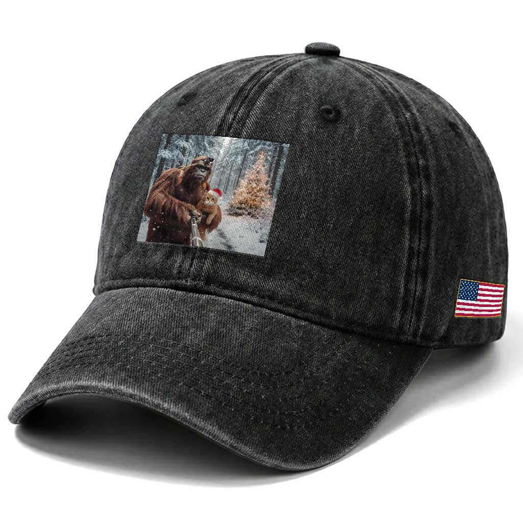 Funny Bigfoot With Cat Selfie Christmas Washed Cotton Baseball Cap TS14 Print Your Wear