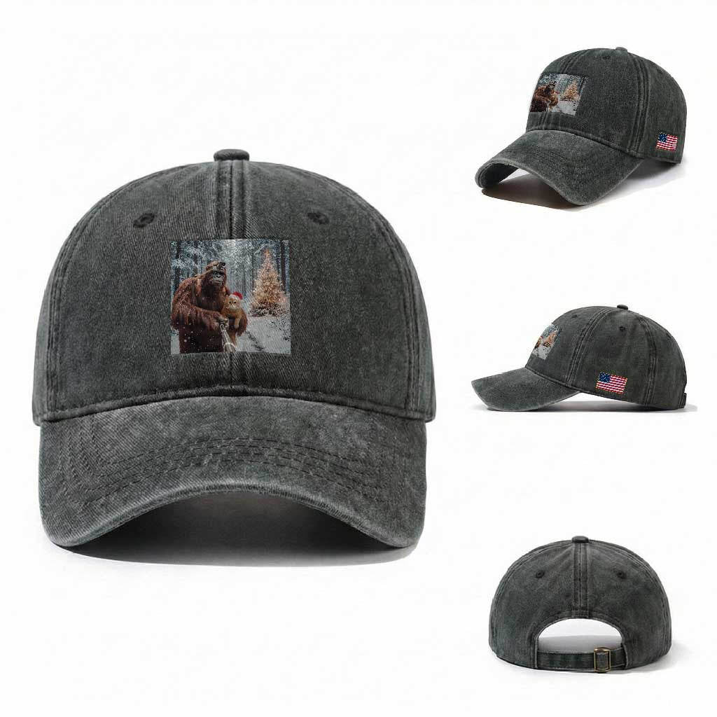 Funny Bigfoot With Cat Selfie Christmas Washed Cotton Baseball Cap TS14 Washed Cap Universal Fit Dark Green Print Your Wear