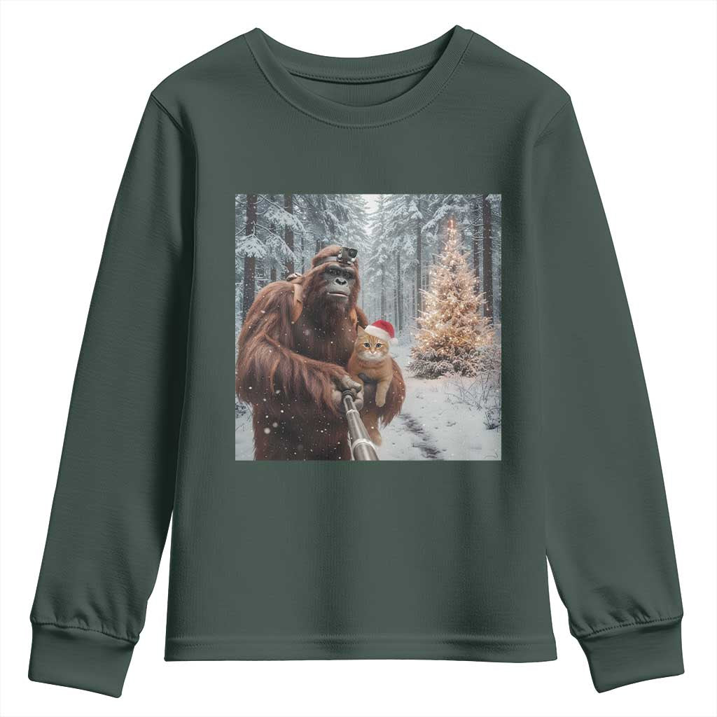 Funny Bigfoot With Cat Selfie Christmas Youth Sweatshirt TS14 Dark Forest Green Print Your Wear