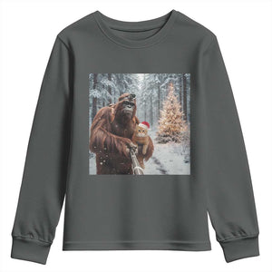 Funny Bigfoot With Cat Selfie Christmas Youth Sweatshirt TS14 Dark Heather Print Your Wear
