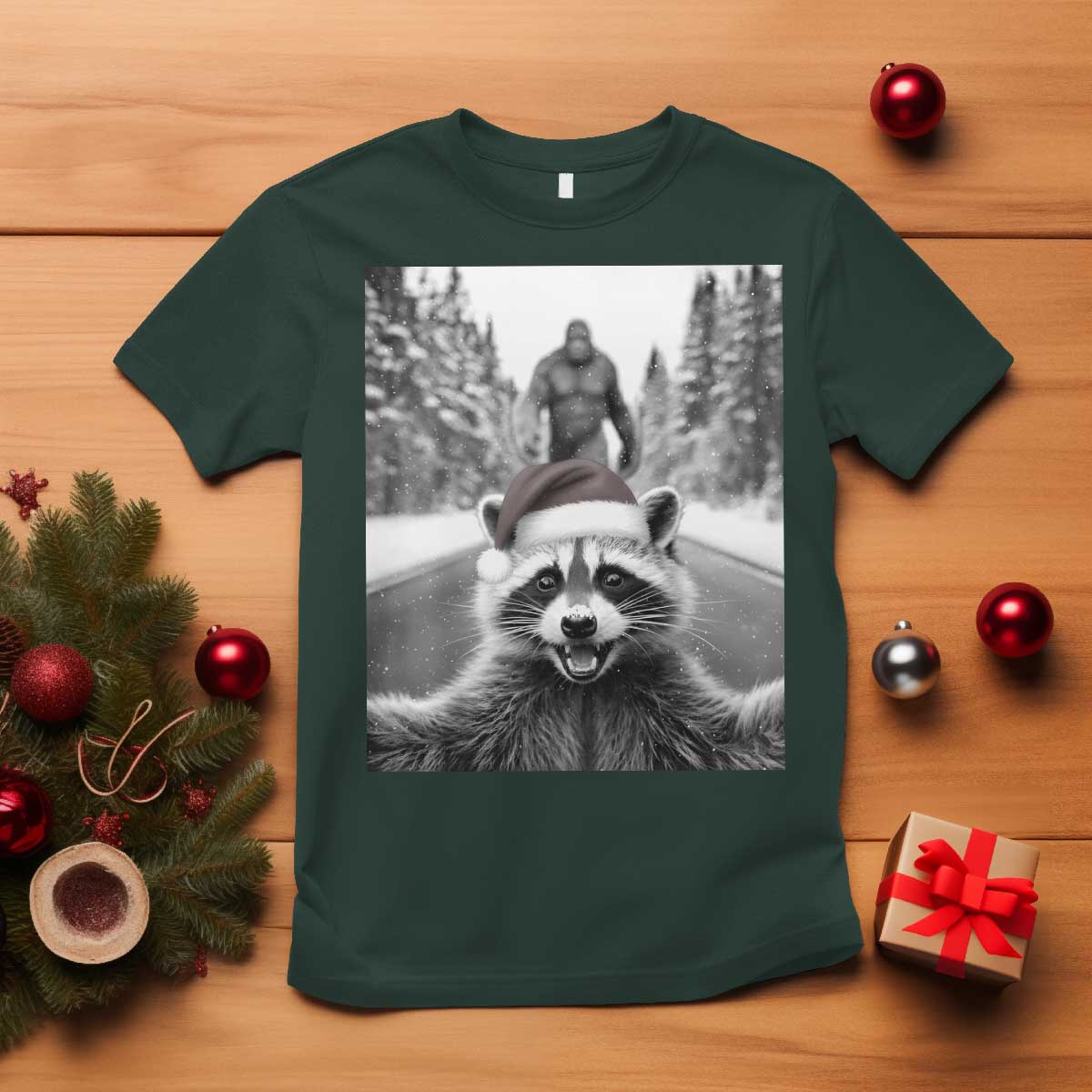 Funny Racoon With Bigfoot Selfie Christmas T Shirt TS14 Dark Forest Green Print Your Wear