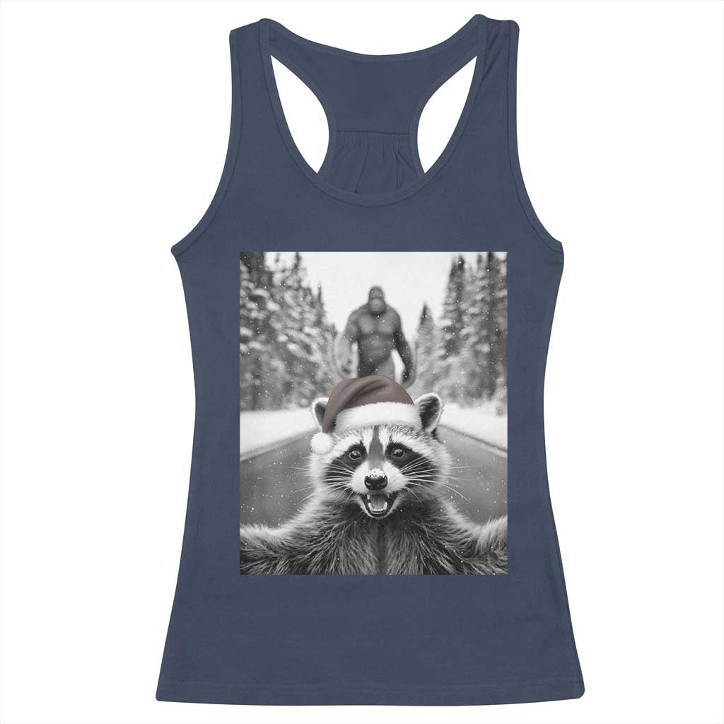 Funny Racoon With Bigfoot Selfie Christmas Racerback Tank Top TS14 Navy Print Your Wear