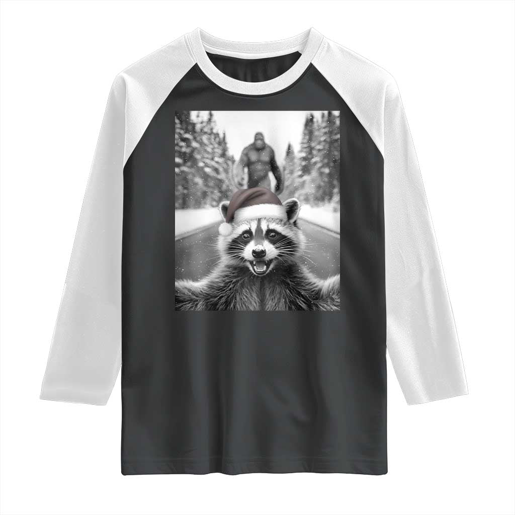 Funny Racoon With Bigfoot Selfie Christmas Raglan Shirt TS14 Black White Print Your Wear