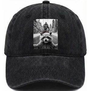 Funny Racoon With Bigfoot Selfie Christmas Washed Cotton Baseball Cap TS14 Washed Cap Universal Fit Black Print Your Wear