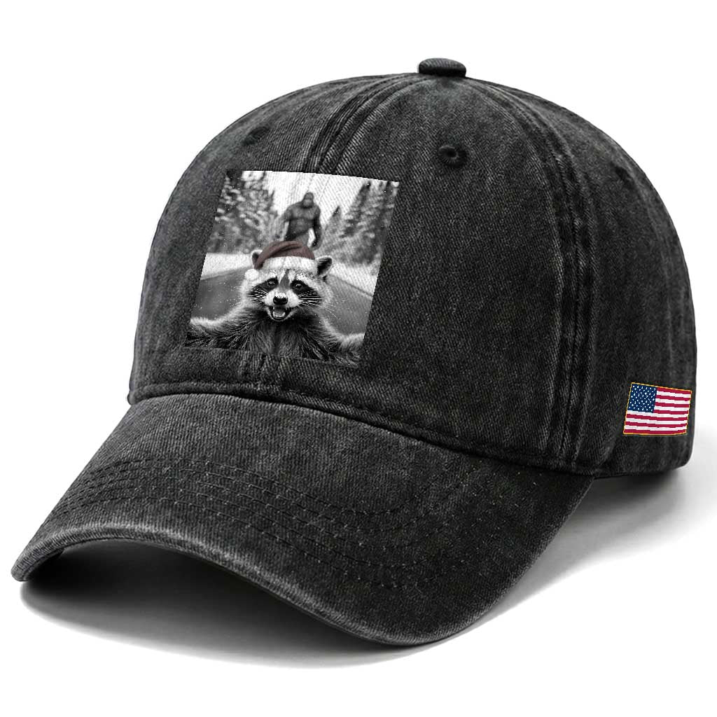 Funny Racoon With Bigfoot Selfie Christmas Washed Cotton Baseball Cap TS14 Print Your Wear